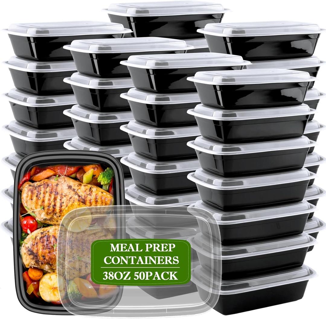 Meal Prep Containers Reusable 38oz - Food Prep Containers with Lids 50 Pack, Disposable To Go Food Containers, Leakproof, Stackable, Takeout, BPA-Free, Microwave/Freezer Safe