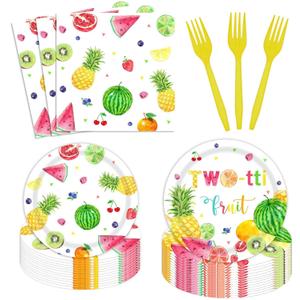 Twotti Frutti 24-Pack Disposable Fruit Plates, Forks & Napkins - 2nd Birthday Party Supplies with 48 Paper Plates, 24 Forks, 24 Napkins
