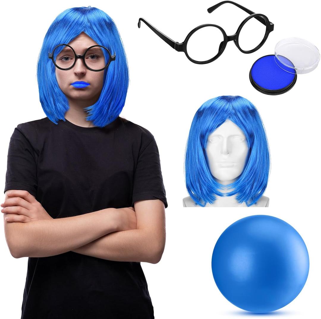 Halloween Cosplay Costume Include Blue Bob Wig Black Glasses Blue Face Paint and Ball Short Bob Wig for Women Royal Hair with Bangs Cosplay for Halloween Costume