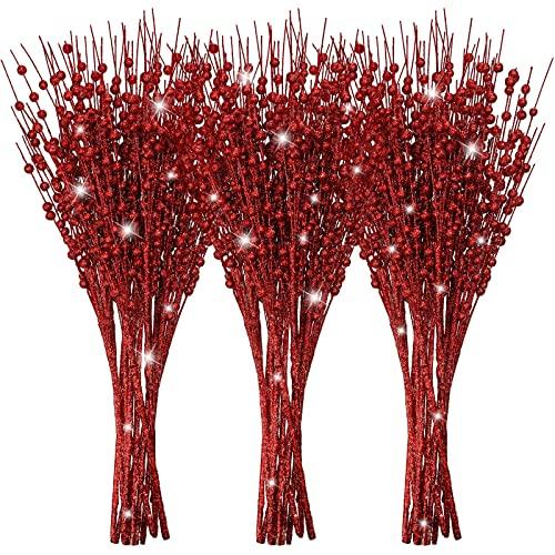 Jutom 12 Pieces Christmas Artificial Glitter Berry Stems 15.7" Holly Berry Picks Ornaments Fake Christmas Tree Pick Sticks Decorations Glitter Twig Branches Gift for Vase Home Wedding Holiday(Red)