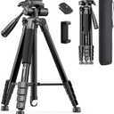 73" Camera Tripod Stand, Aluminum Tripod with Phone Holder, Travel Bag, Compatible with GoPro/DSLR/Cell Phone/Camcorder, Max Load 8.8LB (Black)
