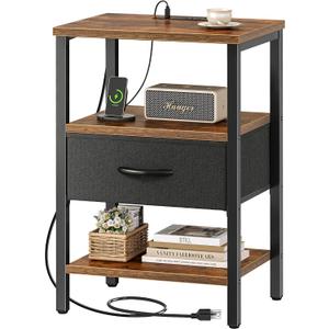 SUPERJARE Nightstand with Charging Station, USB-C Port, Bedside Table
Night Stand for Bedroom, with Adjustable Fabric Drawer, 3-Tier Storage End Table, for Living Room, Rustic Brown & Black