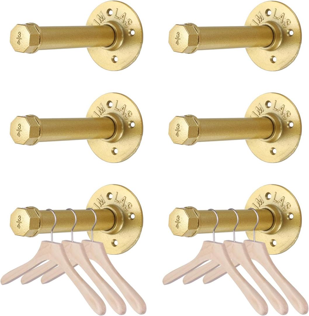 BTSKY 6 Pack Clothes Rack with Screws, 6 Inch Metal Industrial Pipe Clothes Bars for Hanging Clothes, Heavy Duty Wall Mounted Clothing Hanging Rod Shelving Brackets for Laundry Room Retail Store, Gold