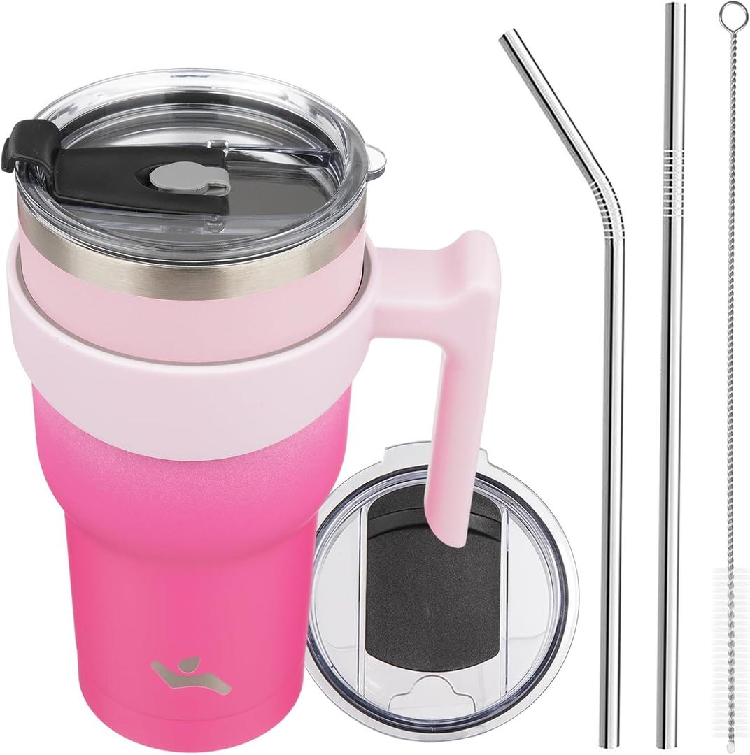 30 oz Tumbler with Handle and 2 Straw 2 Lid, Insulated Water Bottle Stainless Steel Vacuum Cup Reusable Travel Mug, Cherry (Sakura)