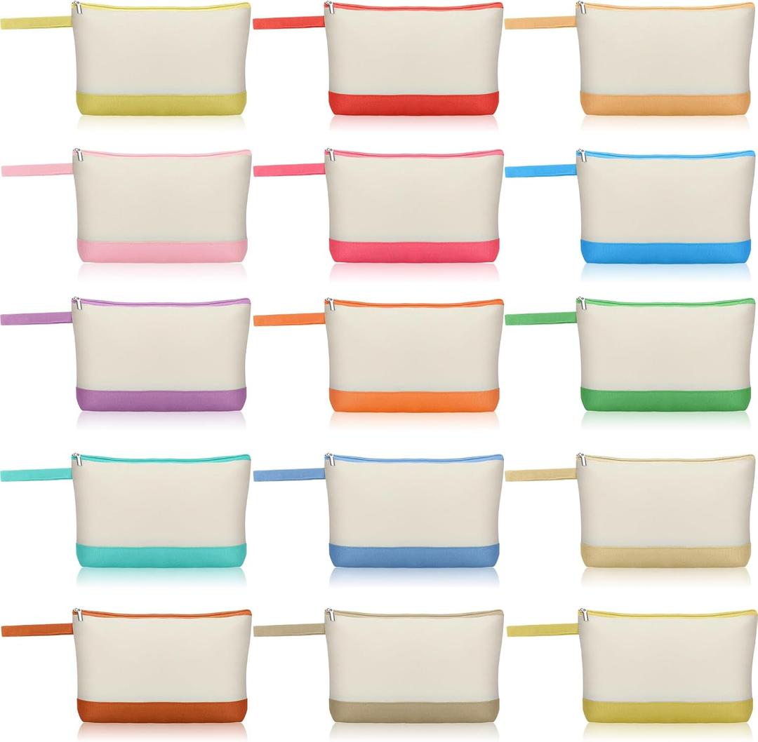 Silkfly 15 Pcs Cotton Canvas Makeup Bags Canvas Cosmetic Zipper 10.2 x 5.5 x 2 Inches Blank DIY Pouch Bag Bulk with Bottom Pencil Case Travel Toiletry Pouch for Women (Fashion Color)