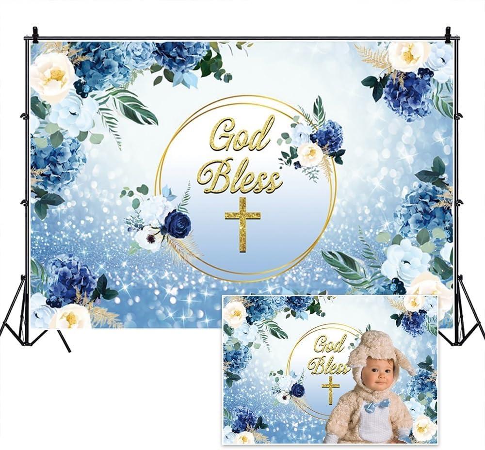 5x3ft Baptism Backdrops God Bless Crucifixion Blue Floral Glitter Sequins Sanctuary Decor Our Lord Jesus Banners for Christening Ceremony Baby Shower Church Event Christmas Easter Party