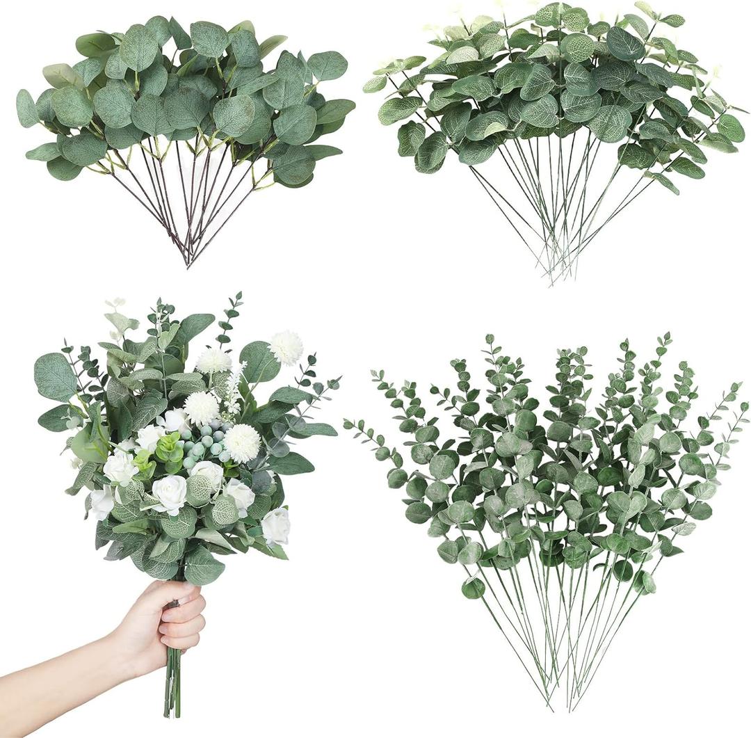 Giegxin 90 Pcs 3 Kinds Mixed Eucalyptus Leaves Stems Bulk Artificial Silver Dollar Leaves Picks Dried Eucalyptus Bundle Faux Spray for Wedding Vase Bouquet Floral Arrangement (Green)