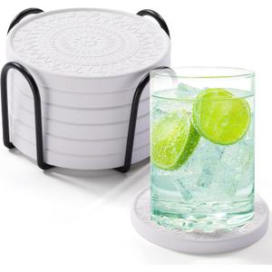 Photect Diatomaceous Earth Coasters Set with Holder Absorbent Stone Drink Coasters Instant Drying Tray for Tabletop Protection Home Decoration Housewarming Gift(White,6 Pcs)