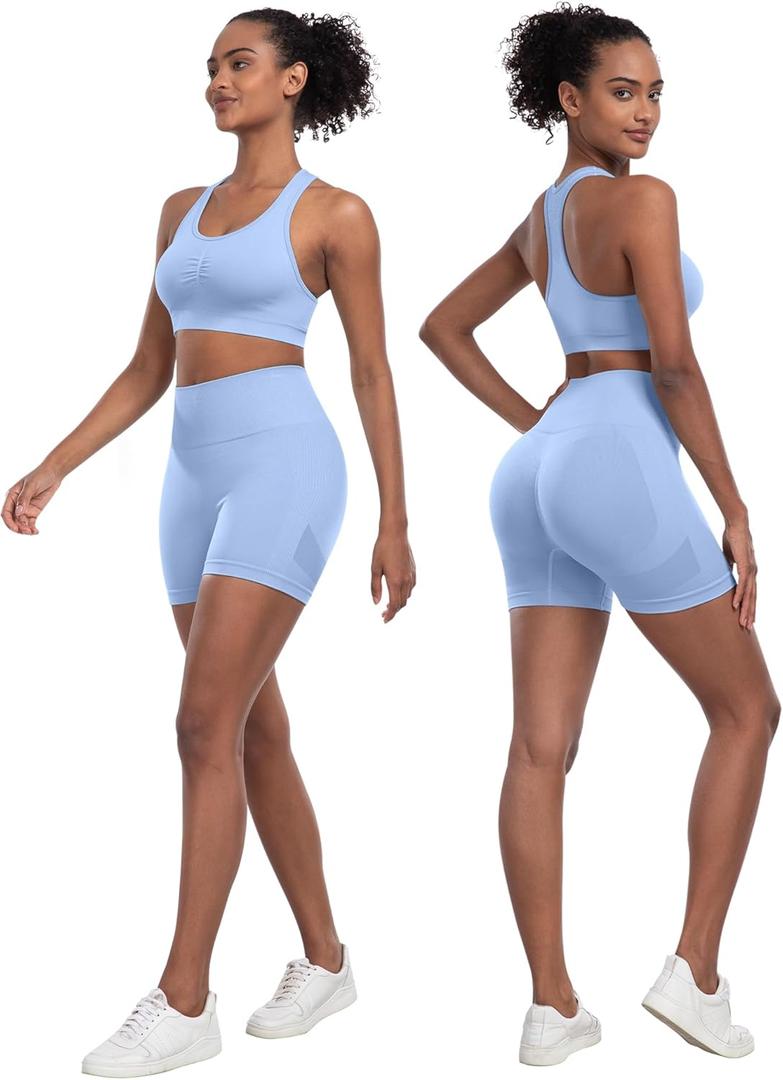 Workout Sets for Women 2 Piece - Seamless Yoga Outfits Shorts and Padded Sports Bra Gym Athletic Clothing Set (X-Large, Light Blue)