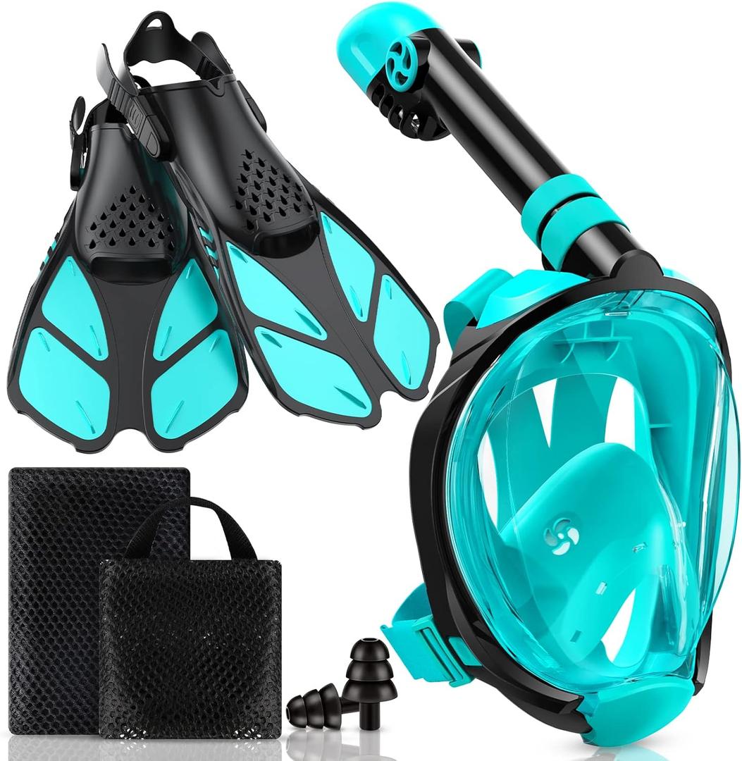 Snorkeling Gear for Kids Teens, Full Face Snorkel Mask & Adjustable Swim Fins Snorkel Set, Panoramic View Snorkel Mask with Dry Top System & Gear Bag, Anti-Fog Anti-Leak (Green)