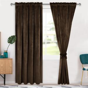 Hiasan Velvet Curtains 84 inch Blackout Rod Pocket Thermal Insulated Soft Curtains Room Darkening Window Drapes with Tiebacks for Bedroom Living Room, Set of 2 Panels, 52W x 84L, Brown