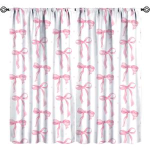 Pink Bow Curtains, Watercolor Cute Girls Pink Bow Modern Aesthetic Print Window Treatments for Kids Girl Bedroom Bathroom, 42x45in (No Blackout)