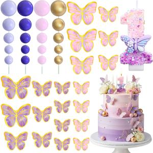 Lyrow 41pcs Purple Butterfly Cake Topper 1st Cake Decorations for Girl Number 1 Candles 3D Purple Pink Gold Butterflies Balls for Birthday Baby Shower Wedding Anniversary Themed Party Supplies
