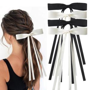 4Pack Satin Hair Bow Clips with Long Tail, Bowknot Ribbon Tassel Hair Clip, Bridal Hair Accessories Gift for Women Girls