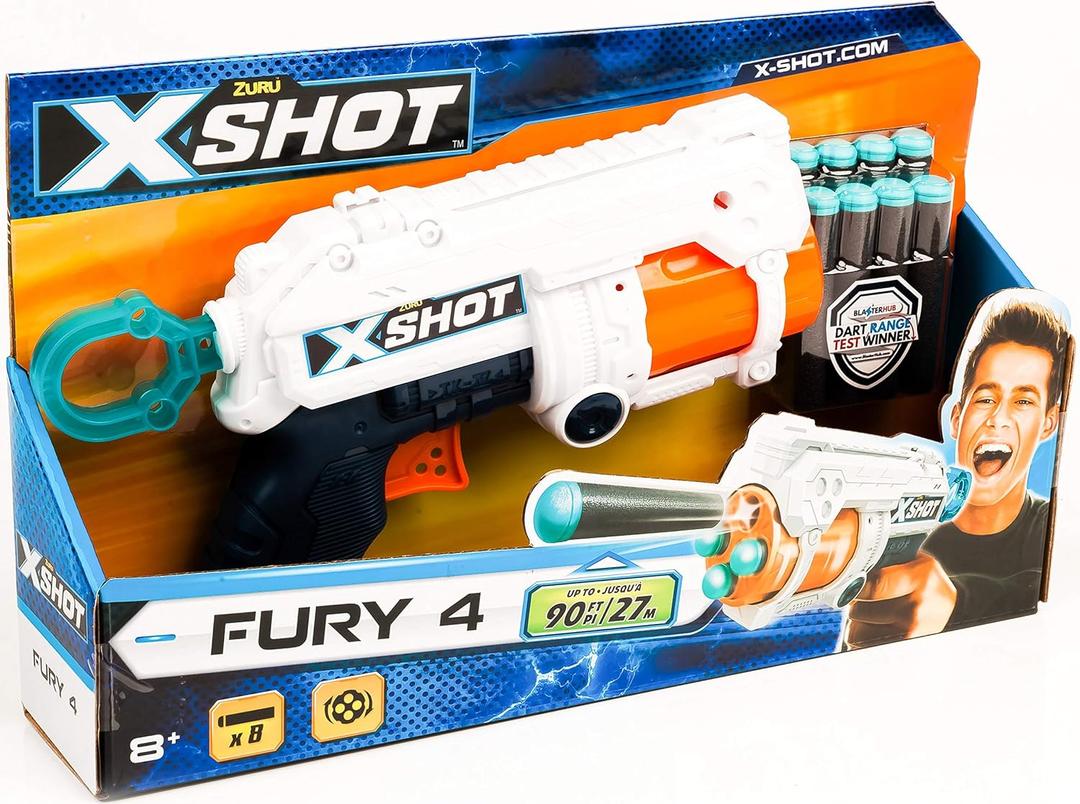 XSHOT Excel Fury 4 Foam Dart Blaster (8 Darts) by ZURU, Multicolor