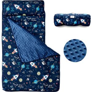 beeweed Toddler Nap Mat, Rollup Design Kid Sleeping Mat with Removable Pillow & Minky Blanket, Toddler Sleeping Bag for Daycare Preschool Travel Camping (Space Ship)