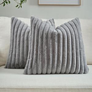 FUTEI Pack of 2 Solid Faux Fur Plush Throw Pillow Covers 20x20 Inch Soft Fluffy Striped Decorative Cushion Cases Modern Farmhouse Accent for Couch Bed Living Room, Grey