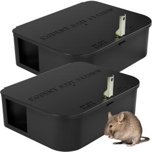 Rat Station Box with 1 Key, Complete Rodent Solution Keeps Rats Away, Pet & Child-Safe, Lock & Key, Reusable & Long-Lasting, Indoor & Outdoor, 2 Pack (Black)