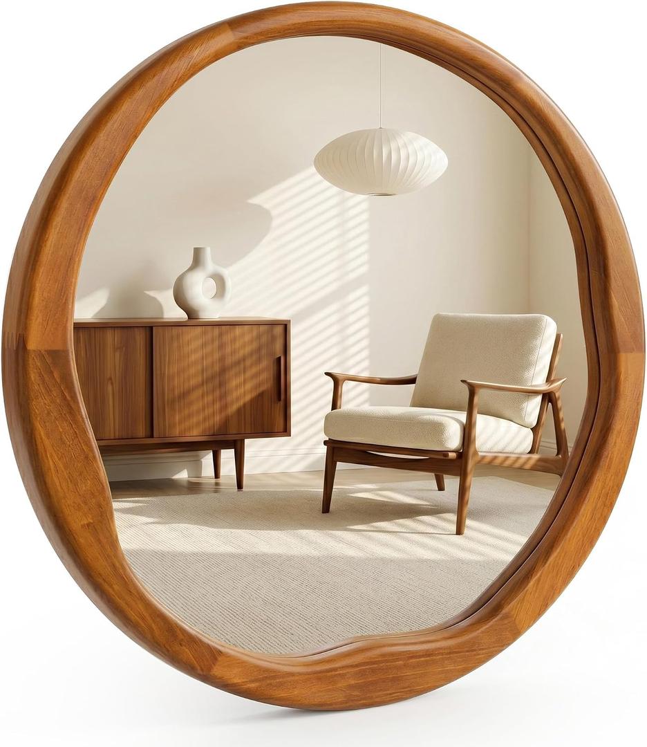 30 Inch Warm Walnut Round Wood Bathroom Mirror, Wavy Inner Edge