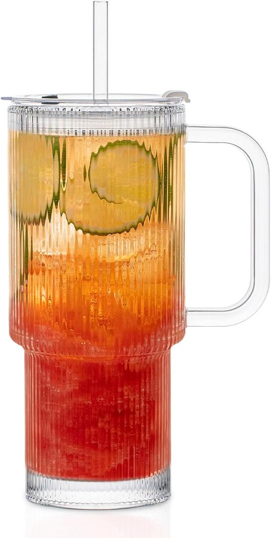 KEMORELA Large 26oz Clear Glass Mug with Handle and Sliding Lid  Aesthetic Ribbed Tumbler for Iced Coffee, Smoothies & Hot Drinks  Reusable Travel Cup with Straw, Dishwasher Safe (Ribbed Tumbler)