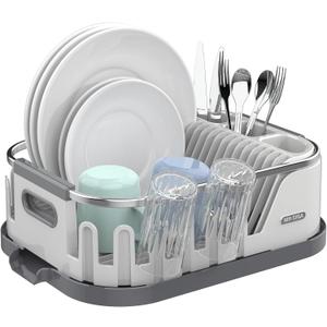 MR.SIGA Dish Drying Rack for Kitchen Counter, Compact Dish Drainer with Drainboard, Utensil Holder and Cup Rack, Plastic Kitchen Drying Rack for Dishes, Cups, Knives, Spoons and Forks, White (15 x 11.8 x 5.3 Inch, White)