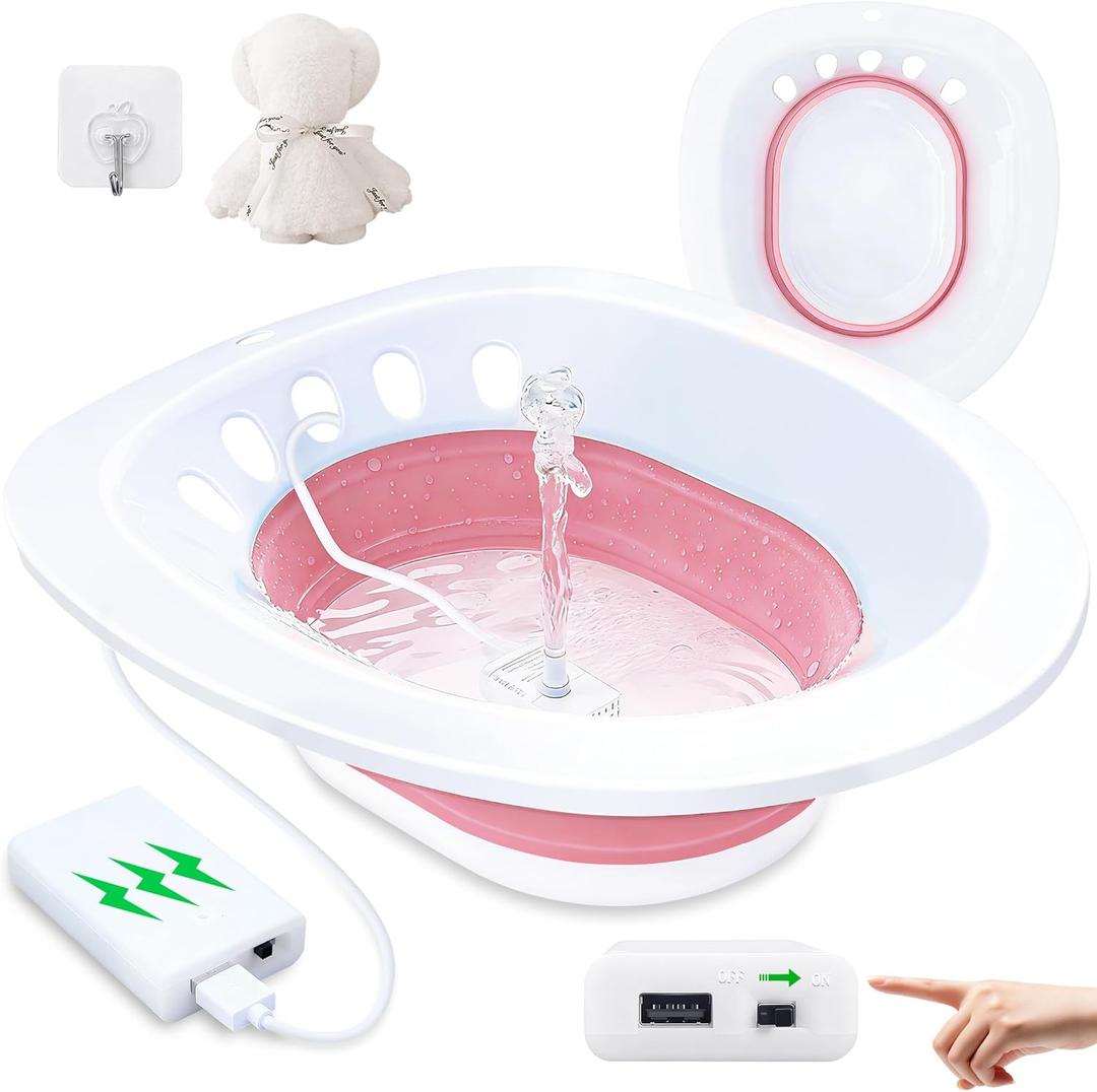Electric Sitz Bath, Sitz Bath for Hemorrhoids, Sitz Bath for Toilet Seat, Sitz Bath for Postpartum Care, Sits Bath Kit for Women, Automatic Flushing, Foldable, Fits Universal Toilet (Pink Electric)