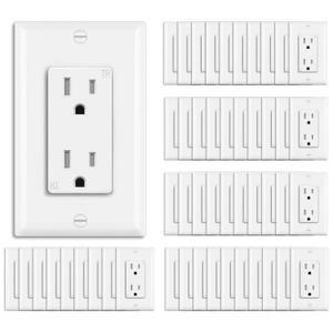BESTTEN 50 Pack 15 Amp Decorator Receptacle Outlet, Tamper Resistant Receptacle, Residential and Commercial Use, Wallplate Included, 15A/125V/1875W, White
