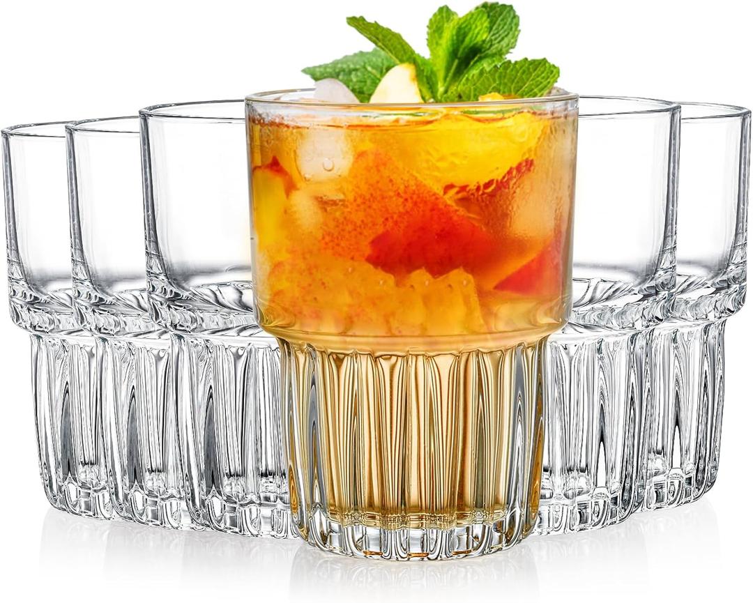 DEAYOU 6 Pack Drinking Glasses Set, 12 OZ Clear Striped Iced Tea Water Glass Cup, Stackable Rocks Glasses, Thick Tempered Glass Tumbler with Heavy Base for Juice, Milk, Cocktail, Spirits, Daily Use