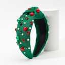 Feeldeal Jeweled Plaid Headband with Embellished Crystals and Pearls - Knotted Wide Top Knot Hair Accessory for Women, Holiday Outfits & Christmas Gifts Green