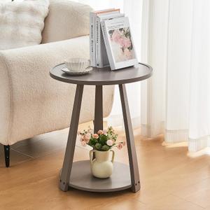 Solid Wood Round Side Table - Small Round Grey End Table, Wooden Modern Bedside Tables Living Room Nightstand with Shelf for Couch Sofa Armchair Bedroom, Gray, 19.6 in x 19.6 in x 23.6 in