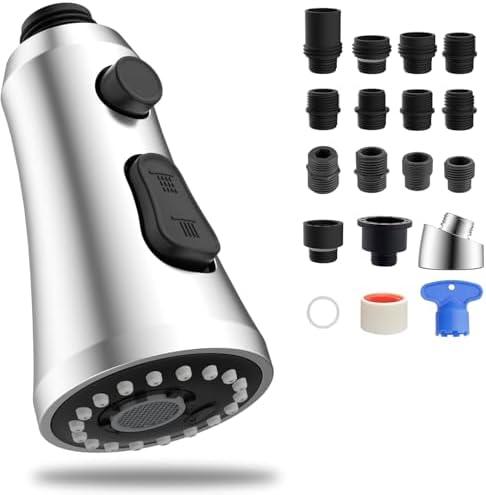 Hibbent Pull Down Kitchen Faucet Head Replacement, 3-Function Kitchen Sink Spray Nozzle with 15 Adapters, Compatible with Moen, American Standard, Delta, Kohler Faucets, Chrome