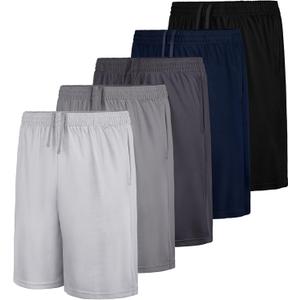 QWE 5 Pack Boys Athletic Shorts, Youth Basketball Soccer Quick Dry Shorts with Pockets for Kids Outdoor Running Gym, Size: Large