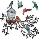 Tatuo Metal Bird Wall Art Birds on The Branch Wall Decor Hanging Metal Sculpture Silhouette Tree with Birdhouse for Living Room Tree Leaf Decor for Indoor Outdoor Garden Bedroom Office Home Party