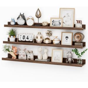 Heimlove 36 Inch Picture Ledge Shelf with Lip,Floating Shelves for Wall Set of 3,Long Wall Shelves in Varying Depths for Living Room,Bedroom,Nursery,Bookshelf - Walnut