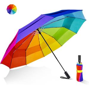 Lejorain Large Golf Umbrella Windproof - Rainbow Oversized 54inch Double Layer 10Ribs Folding Travel Umbrella Compact Auto Open Close for Rain Women/Men