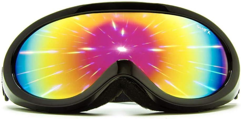 GloFX Ski Goggles - Cyberpunk Reflective Glasses, Full-Face Design, Comfort Foam Padding, Adjustable Strap, UV Protection (Black Frame - Rainbow Mirror Diffraction)