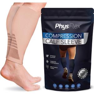 Calf Compression Sleeves for Men and Women - (1 Pair) Footless Compression Socks Support for Varicose Vein, Nursing, Pregnancy, Running - PhysFlex Leg Sleeve Brace for Shin Splints, Pain Relief and (Medium, Beige)