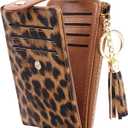 Slim Card Holder Wallet for Women RFID Blocking Leather Multi Card Bifold Wallet with Tassel Zipper Coin Pocket,Leopard