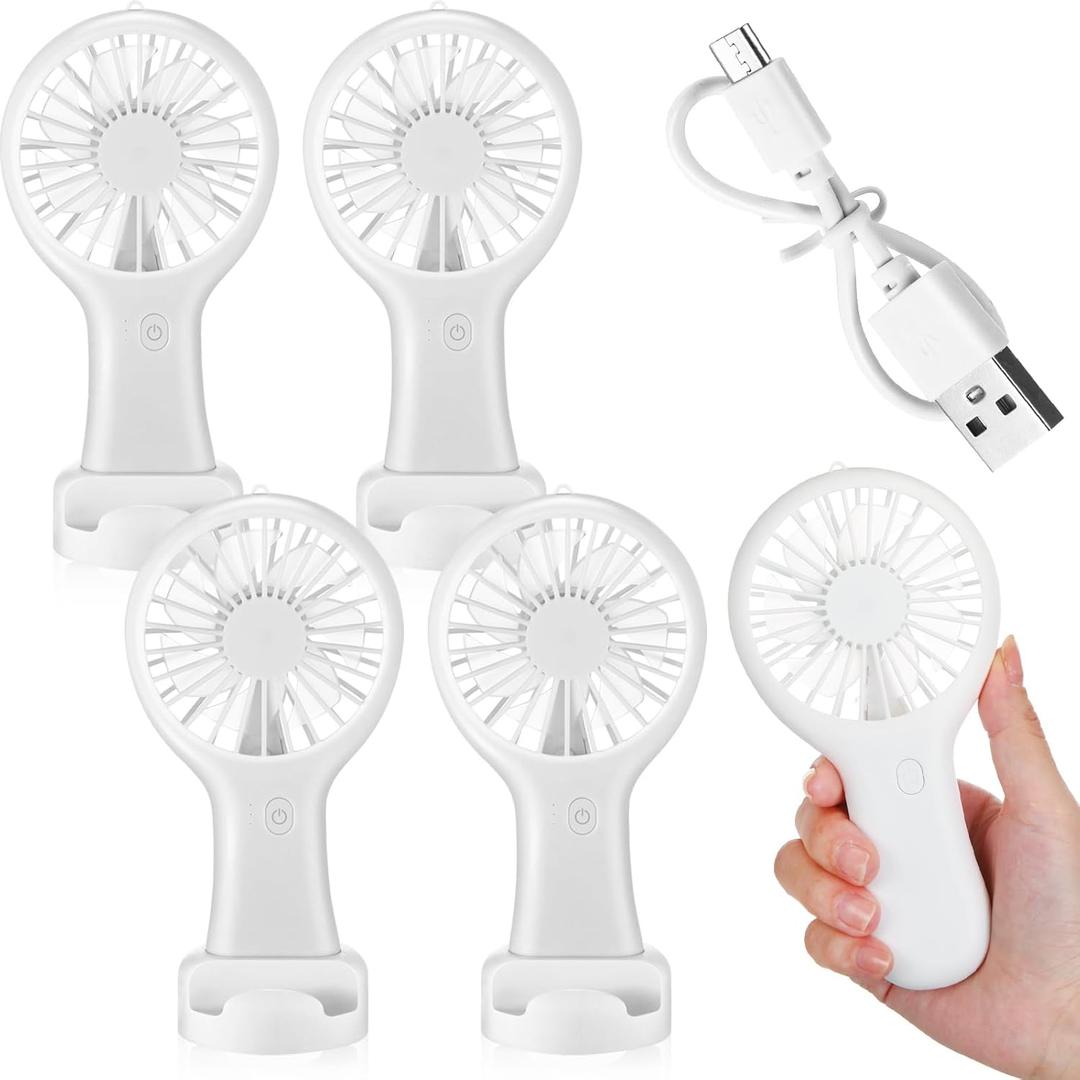 Woanger 4 Pcs Mini Handheld Fan Bulk 3 Speed USB Electric Battery Operated Small Portable Pocket Fan with Data Cable and Mounting Base Summer Gift for Wedding Camping Travel(White)
