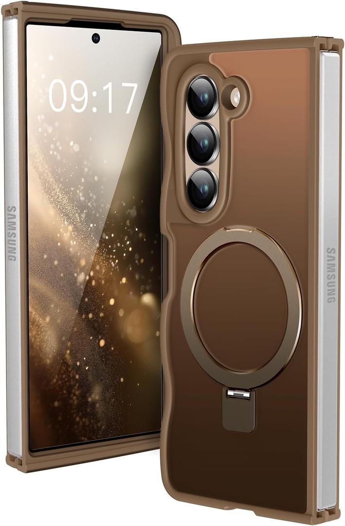[Magnetic Stand & Wave Frame] Case for Samsung Galaxy Z Fold 5 [Fit for MagSafe] [Military Drop Protective] Not Yellowing Translucent Z Fold 5 Phone Ring Cover for Women Men 7.6" Desert Gold