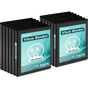 Heture 3 Ring Binder 0.5 Inch 12 Pack, 0.5" Clear View Round Ring Binders, PVC-Free, Holds for 100 Sheets 8.5"x 11" US Letter Size Paper, 1/2 in Durable Black Binders for Office,School and Home.