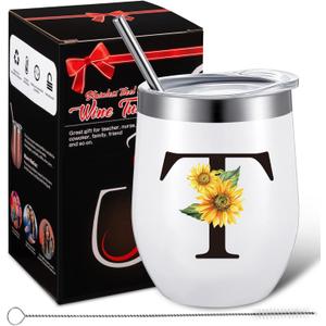 Zopeal Funny Personalized Coffee Mug Cup with Initials, Monogrammed Gift for Women Mom Teacher Birthday Christmas Wedding, 12 oz Stainless Steel Wine Tumbler with Brush Straw Gift Box(T)
