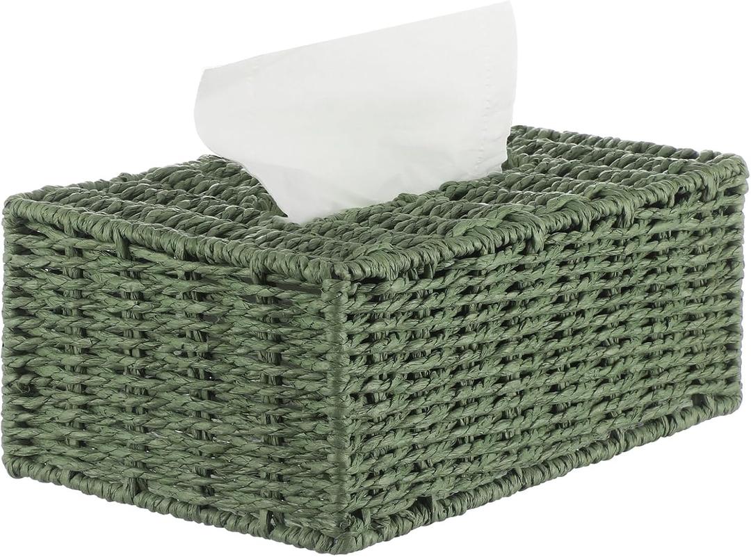Sage Green Tissue Box Cover Rectangle Natural Paper Rope Hand Woven Tissue Box Holder for Bathroom Living Room Bedroom Kitchen Table Desk Office Farmhouse Home Decor, 10.83"L x 6.5"W x 4.33"H