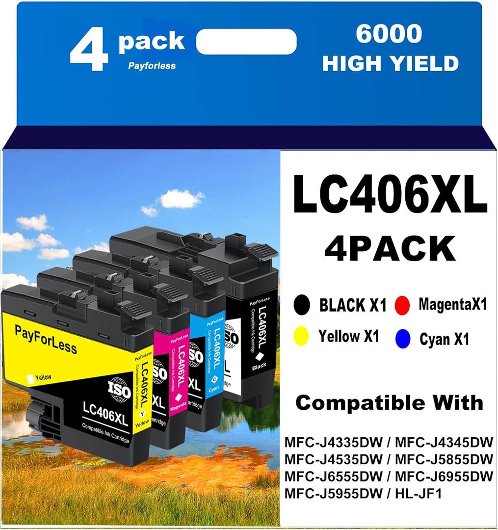 PayForLess LC406XL for LC406 Ink Cartridges for Brother Printer for Brother MFC-J4335DW MFC-J4535DW MFC-J5855DW MFC-J6555DW MFC-J6955DW Printer 4 Pack(Black Cyan Magenta Yellow)