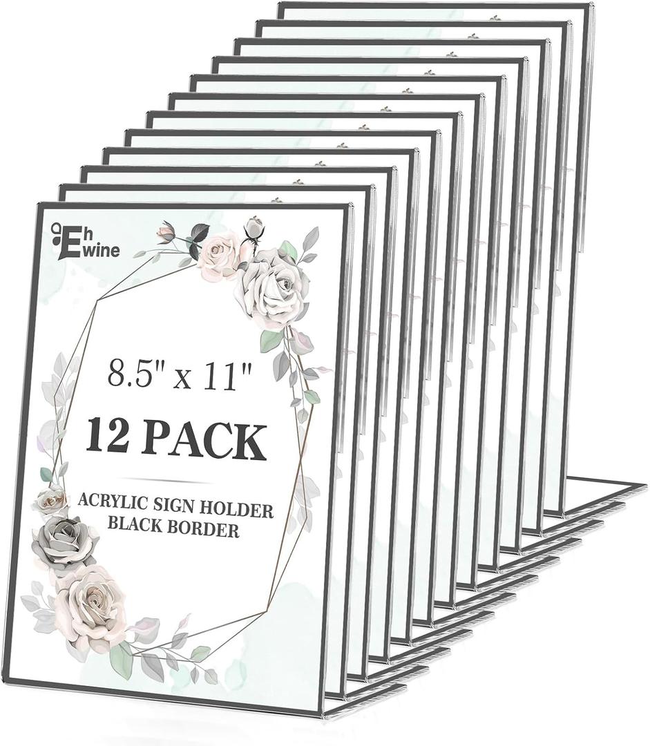 EHWINE 12 Pack Acrylic Sign Holder 8.5 x 11, Black Picture Frame Stand up Table Top Sign Holders, Slanted Back Paper Holder Clear Display Stand Menu Flyer Holder for Wedding Party