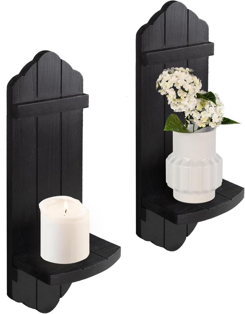 Rustic Black Wood Wall Candle Sconces Set of Two, Farmhouse Wooden Candle Holder Decor for Fireplace, Hallway, Living Room, Bedroom