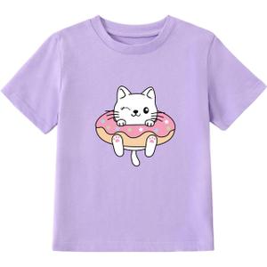 Girl's Cute Cat Graphic T-Shirts Funny Animal Lover Tee (Purple) Size: 6Y