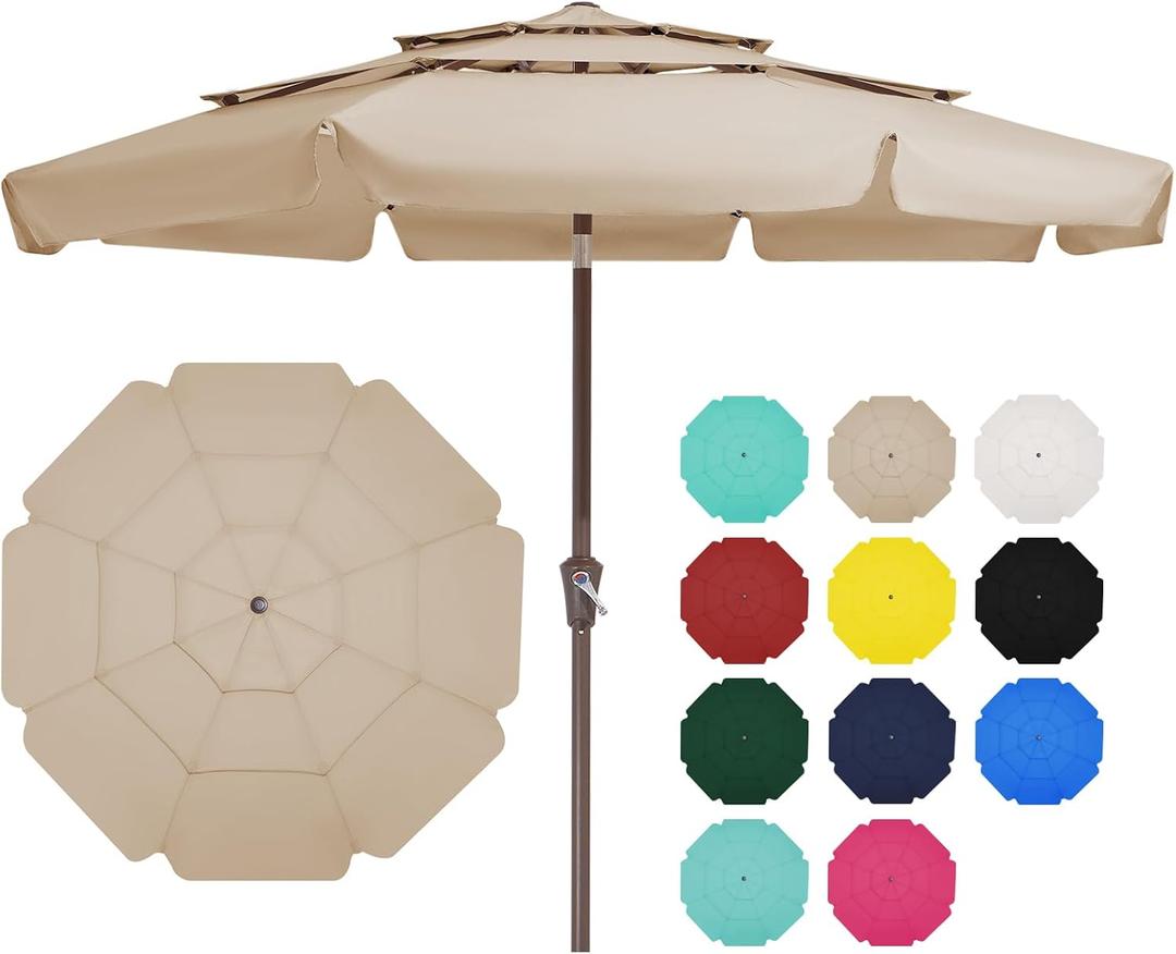 JEAREY 3 Tiers 9 FT Patio Umbrellas Outdoor Table Umbrella with Push Button Market Umbrella 8 Sturdy Ribs UV Protection Waterproof for Garden, Beige