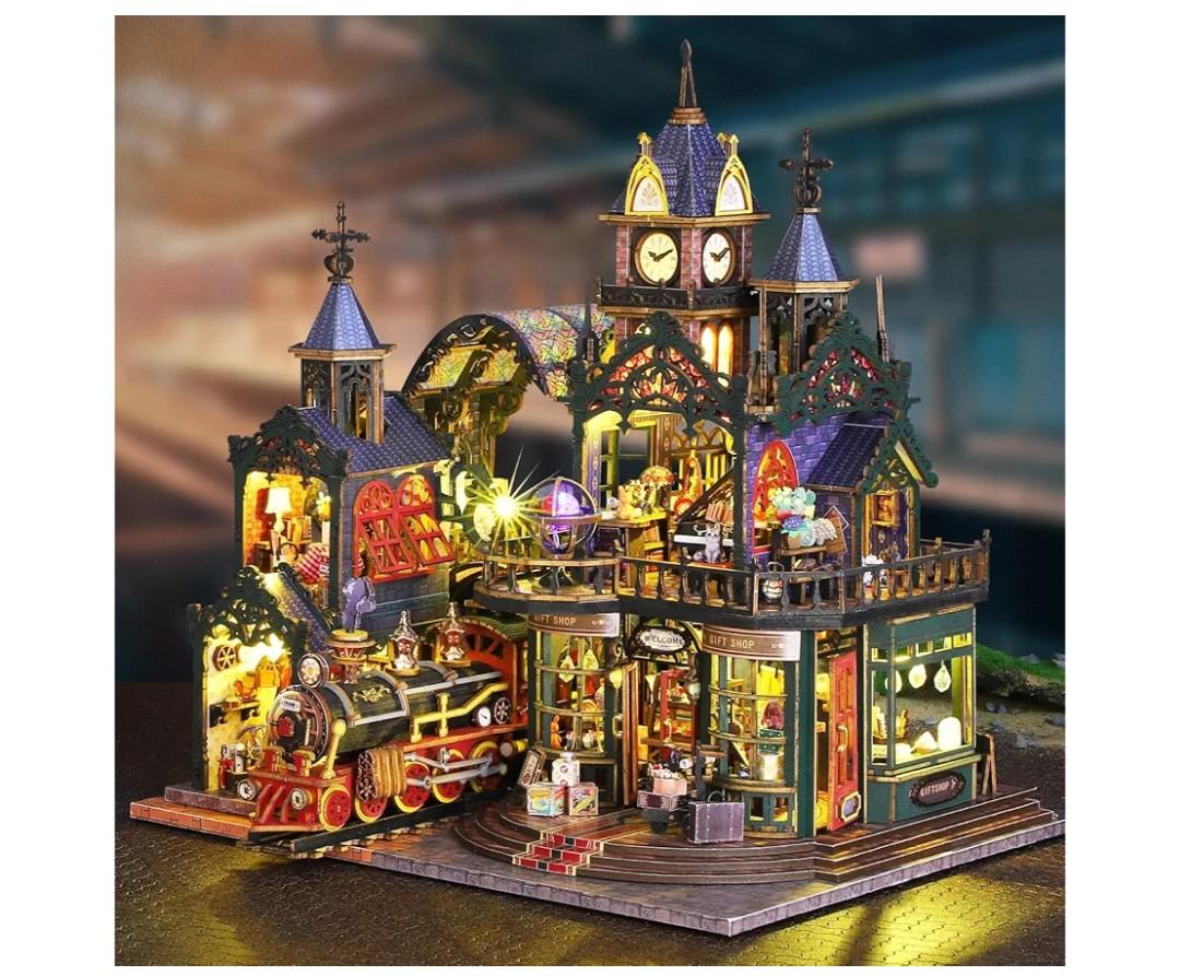 Steampunk Train Station DIY Miniature House Kit – Victorian Fantasy Railtrack Phantom City Dollhouse Kit – Wood 3D Puzzles Tiny House Book Nook Christmas Halloween Birthday