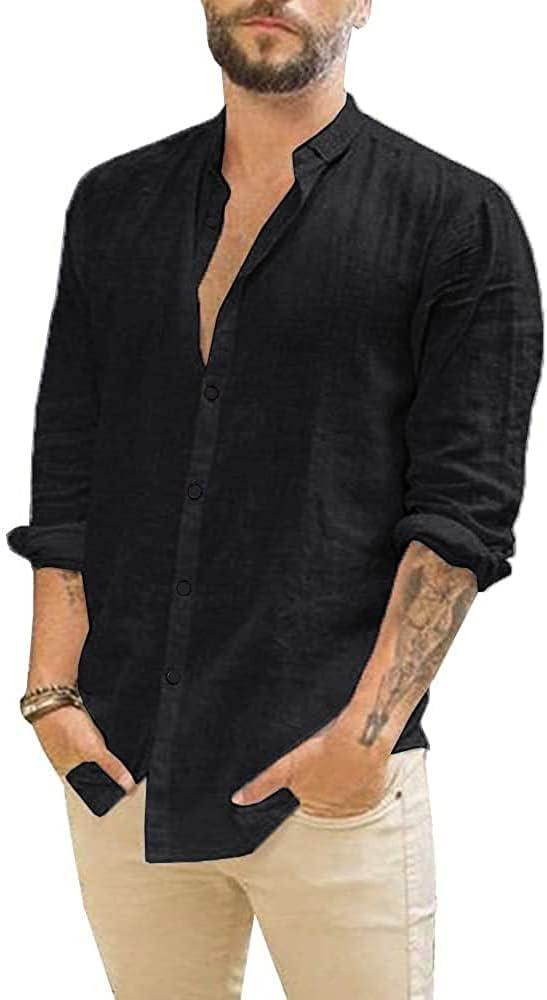JEKAOYI Mens Summer Casual Long Sleeve Cotton Linen Shirts Button Up Solid Plain Roll-Up Sleeve Beach T Shirts (S)